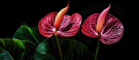 Obraz premium Anthurium flowers with a dark background provide a striking visual contrast with a vibrant pop of color and a stylish touch for a copy space image