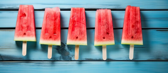 Watermelon slice popsicles displayed on a blue rustic wood background with copy space image