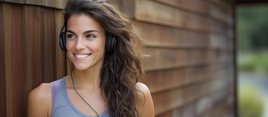 A fit and beautiful young brunette woman with a toned physique is shown smiling outside against a wooden backdrop wearing earphones and a phone holder on her arm The image includes copy space promotin - Powered by Adobe