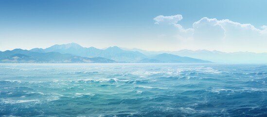 Scenic view of the sea and mountains with a copy space image