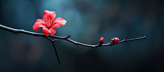 A vibrant red flower blooming on a tree branch with a background perfect for a copy space image