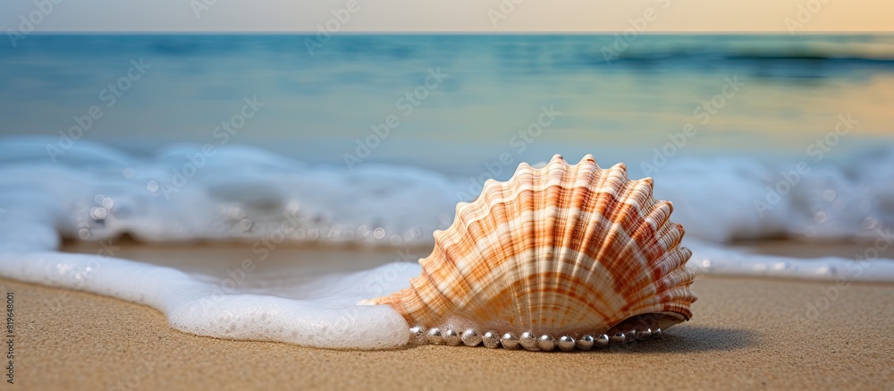 Aufkleber a seashell with valuable pearls resting on the sandy shore with copy space image