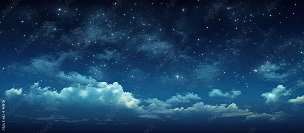 Poster a serene summer night with a dark blue sky filled with twinkling stars light white clouds moving swi