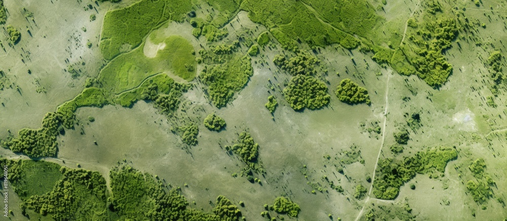 Poster aerial drone view showcasing vast green pastures fields and meadows providing ample copy space image