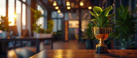 Career achievement award in a company office, gold trophy, professional setting, high resolution, photorealistic, detailed 8K , high-resolution, ultra HD,up32K HD