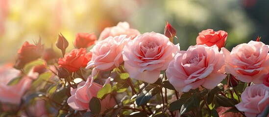 In a sunny garden the roses provide a beautiful display. Copy space image. Place for adding text and design