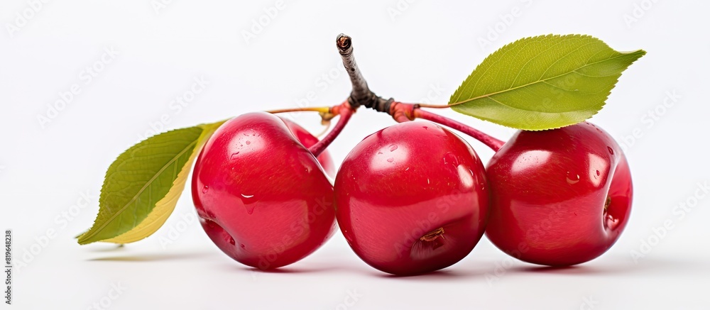 Poster close up of an isolated acerola cherry against a white backdrop with selective focus highlighting th