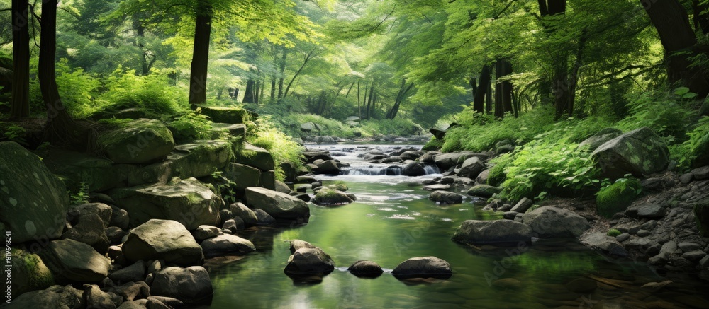 Poster A serene small stream with clear water surrounded by stones trees and lush greenery creating a tranquil scene with copy space image