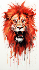 Lion poster painted with bright splashes of red paint.