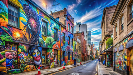 Panoramic view of a bustling city street adorned with various graffiti artworks, reflecting the vibrant energy of urban life 