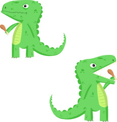Two variants of donosauric with open and closed mouth. Cartoon cute drawing style. Vector illustration dinosaur holding a chicken fried leg in his hand. The second dinosaur has opened its toothy mouth