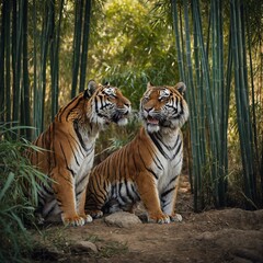 Obraz premium A pair of tigers nuzzling affectionately in a tranquil bamboo grove.