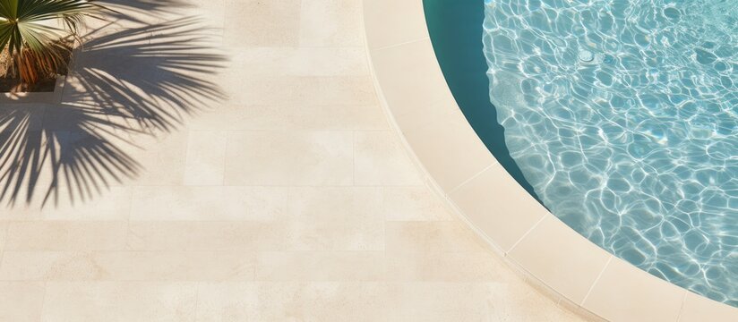 Top down view of a swimming pool background with a water ring and palm shadow visible on the travertine stone perfect for copy space images