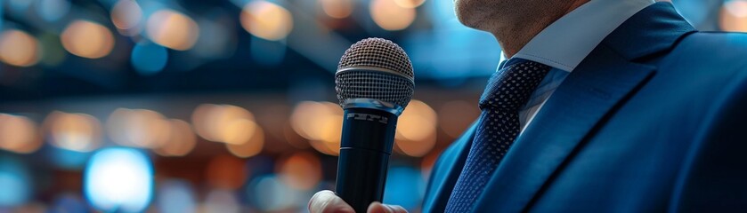 Obraz premium Broadcast journalist in a suit delivering news, microphone visible, clean background with copy space, high resolution, photorealistic 8K , high-resolution, ultra HD,up32K HD