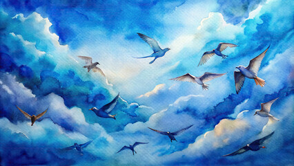 Above, a flock of birds soars through the cerulean sky, their wings outstretched in flight
