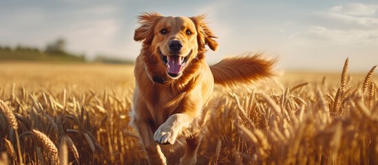 Golden retriever running in field. Copy space image. Place for adding text and design