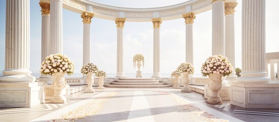 The outdoor wedding registration venue is elegantly decorated with golden columns and round white flowers creating a picturesque setting for the ceremony with copy space image
