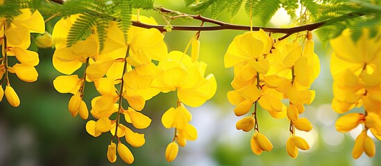 Fototapeta premium Golden shower also known as Cassia fistula is a beautiful yellow flower with various names like purging cassia Indian laburnum or pudding pipe tree perfect for a copy space image
