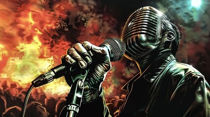 Naklejka premium Journalist holding a mic, addressing a live audience, blur in the background, professional broadcast setting, high resolution, photorealistic