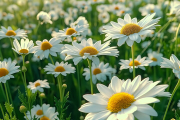 floral closeup, beautiful daisies in the meadow on a sunny day, white petals with yellow centers, green leaves, soft focus, photorealistic // ai-generated 