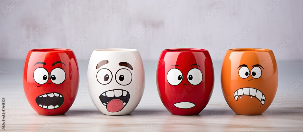 Poster colorful easter eggs with cartoon faces and decorations next to grumpy brown eggs in red cups on whi