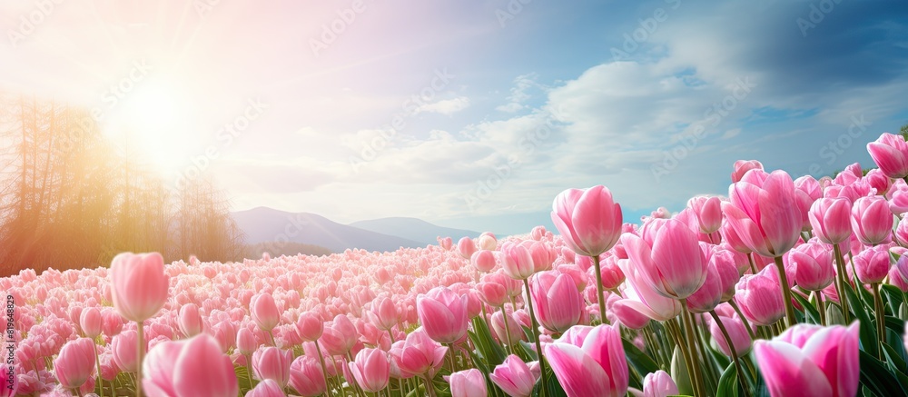 Aufkleber image of a gorgeous spring scene featuring a field of blooming pink tulips ideal for springtime them