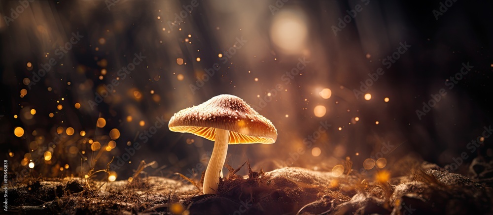 Aufkleber a solitary brown mushroom in a magical forest with a whimsical ambiance enhanced by floating dust an