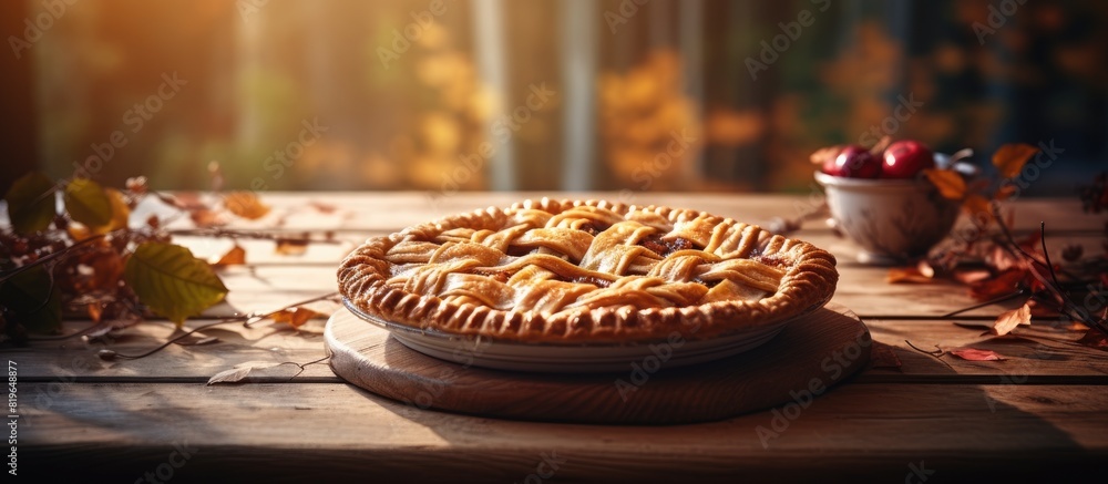 Poster a delectable pie displayed on a rustic wooden table with a blurred background giving emphasis on the