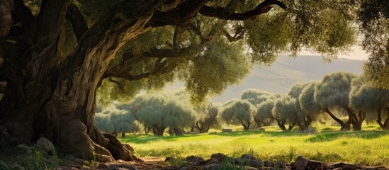 Scenic view of an olive grove featuring a massive oil tree with copy space image
