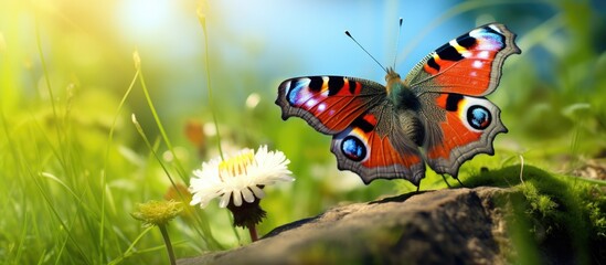 A Rusalka peacock butterfly perched on a meadow with copy space image