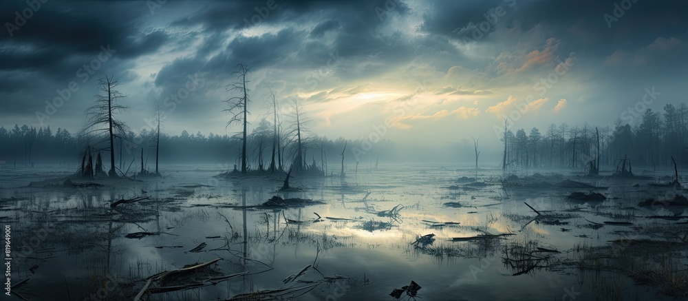 Poster on a cloudy winter day in the swamp water is raised high. copy space image. place for adding text an