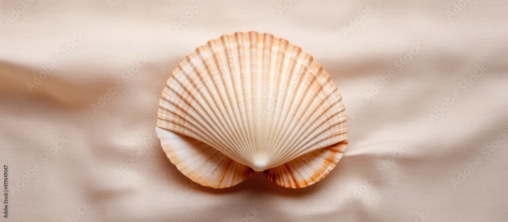 Poster a seashell on a brown and white napkin background symbolizing a simple summer theme with space for t