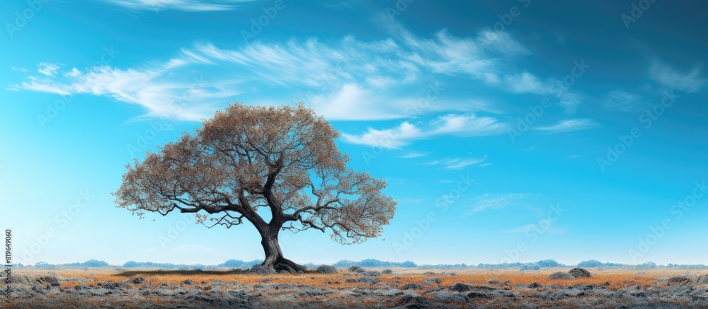 Poster nature series featuring an aged large tree against a colorful background with a blue sky creating a 