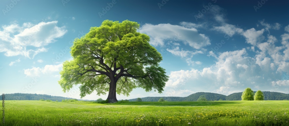 Poster lush spring meadow featuring a large tree adorned with bright green leaves against a vibrant backdro