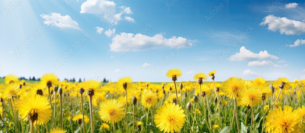 Poster stunning wide format picture featuring a lush grassy meadow filled with yellow dandelions set agains