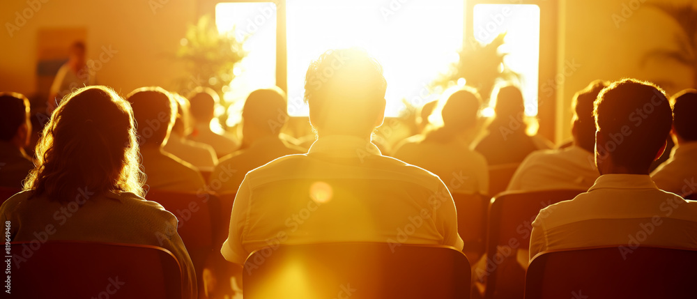 Aufkleber audience seated in a conference room, facing a speaker backlit by bright sunlight, concept of a semi