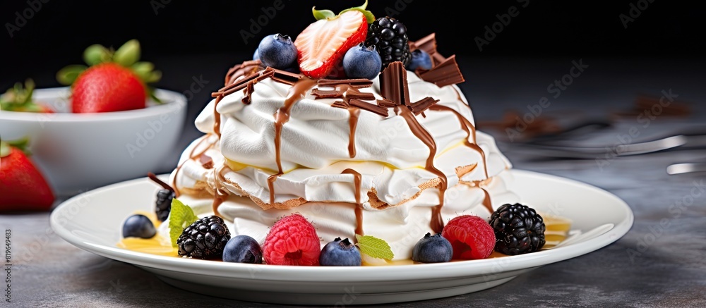Poster light pavlova topped with fresh fruits and chocolate creating a delightful dessert with an elegant p