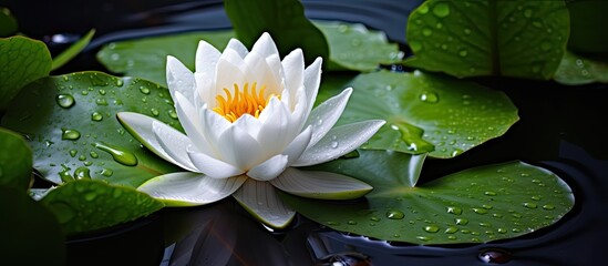 Early morning setting with a white water lily Marliacea Rosea Nymphaea in a pond surrounded by dark green leaves adorned with water drops creating a serene copy space image