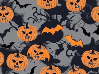 a pattern of pumpkins with bats and bats on them, on a gray background  for a spooky holiday. Halloween concept.