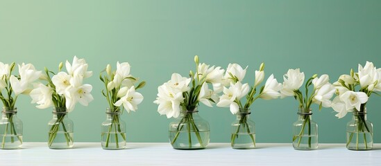 White freesia flowers in transparent vases displayed on a white table with a green wall backdrop focusing on the subject Image with space for copy