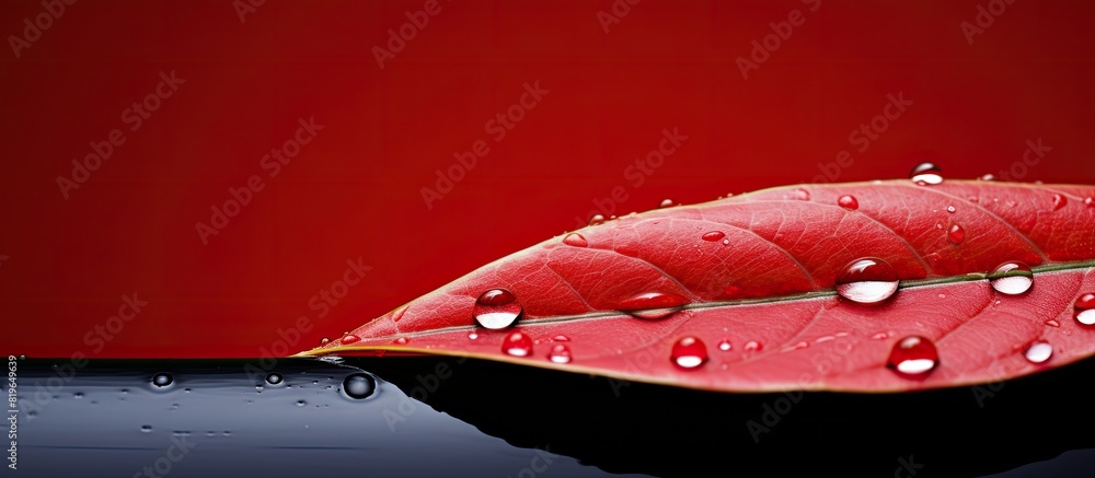 Poster water drops glisten on a red leaf against a plain background with room for text or other elements cr