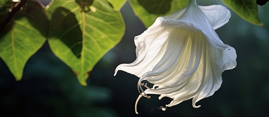 A stunning large datura flower hanging gracefully from a tree creating a picturesque scene with...