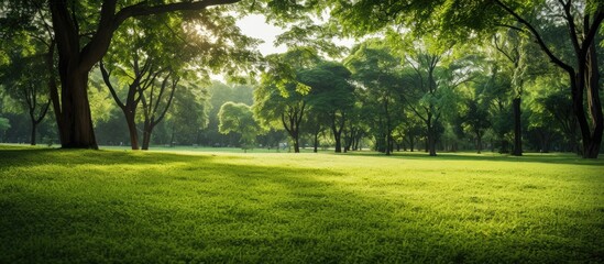 Lush green grass in a public garden park with sunlight filtering through trees providing a scenic landscape ecology setting perfect as a wallpaper with copy space image