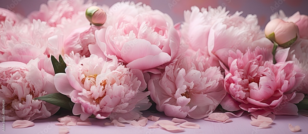 Poster image of a floral arrangement featuring pink peonies with space for text or graphics. copy space ima