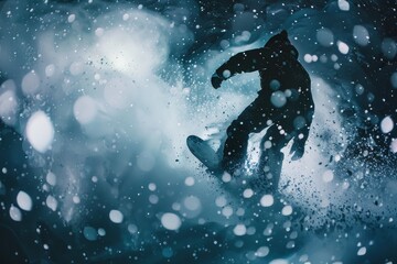 Snowboarder Silhouette in Midair with Swirling Snowflakes at Night
