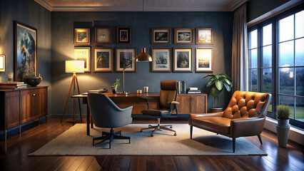 Chic home office with a mid-century desk, leather chair, and gallery wall