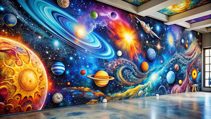 Full wall mural depicting a cosmic landscape with swirling galaxies and celestial bodies, merging graffiti with space themes
