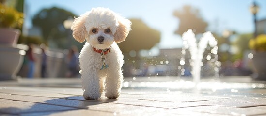 A curly white toy poodle is strolling with its owners on a sunny day with a fountain in the background creating a charming scene for a copy space image