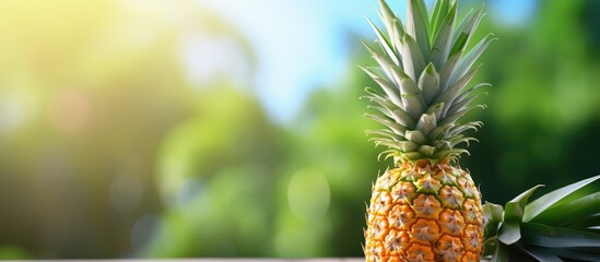 A vibrant ripe pineapple with green leaves on a sunny backdrop Represents summer and food with a blank copy space image for designs