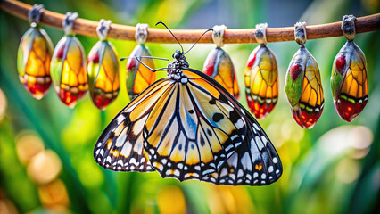 Close-up of a butterfly emerging from its cocoon, with clear background, showcasing its delicate wings and vibrant colors